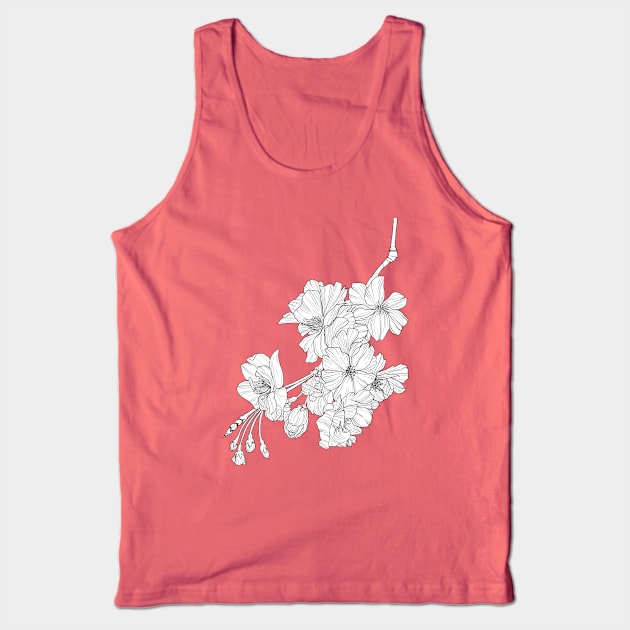 Sakura Cherry Blossom Flower Monoline Illustration Tank Top by Flowering Words